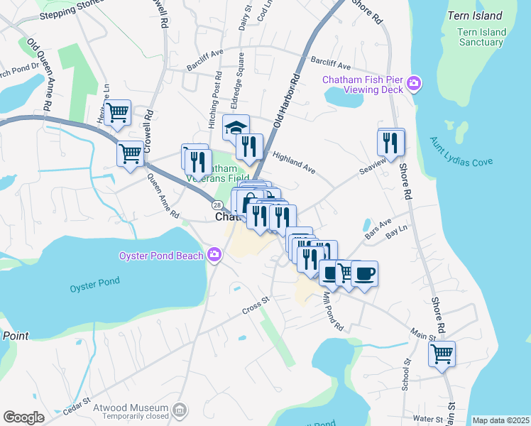 map of restaurants, bars, coffee shops, grocery stores, and more near 624 Main St in Chatham