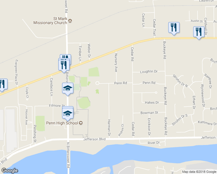 map of restaurants, bars, coffee shops, grocery stores, and more near 56025 Harman Drive in Mishawaka