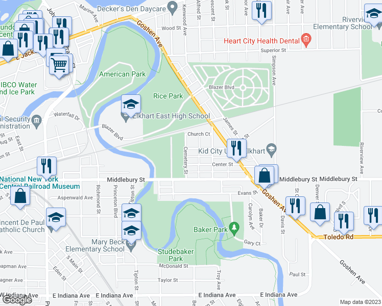 map of restaurants, bars, coffee shops, grocery stores, and more near 1009 North Street in Elkhart