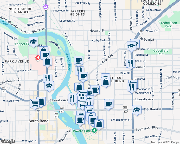 map of restaurants, bars, coffee shops, grocery stores, and more near 601 South Bend Avenue in South Bend