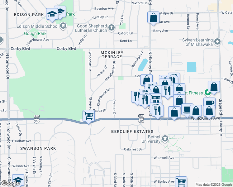 map of restaurants, bars, coffee shops, grocery stores, and more near 564-698 Preston Dr in South Bend