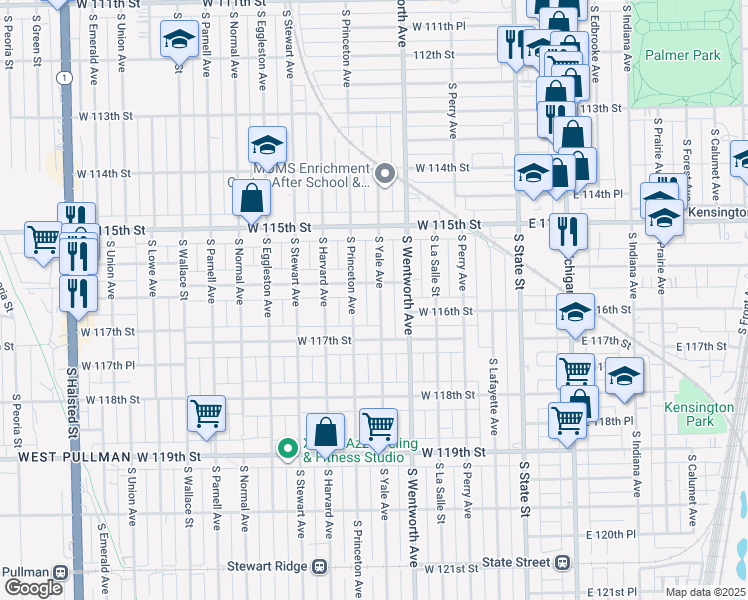 map of restaurants, bars, coffee shops, grocery stores, and more near 11616 South Yale Avenue in Chicago