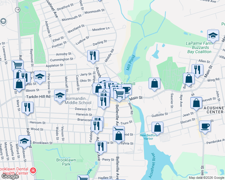 map of restaurants, bars, coffee shops, grocery stores, and more near 987 Belleville Avenue in New Bedford