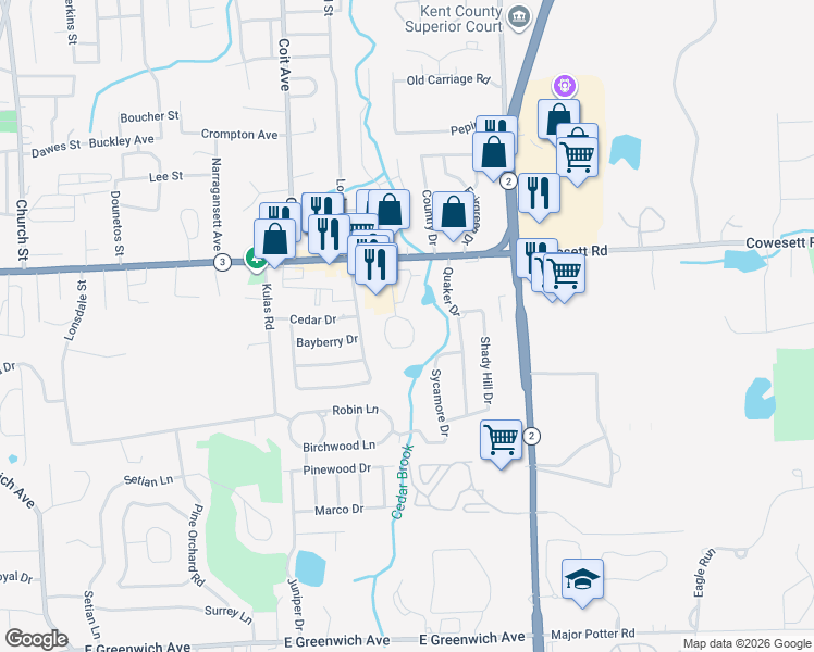 map of restaurants, bars, coffee shops, grocery stores, and more near 36 Village Court in West Warwick