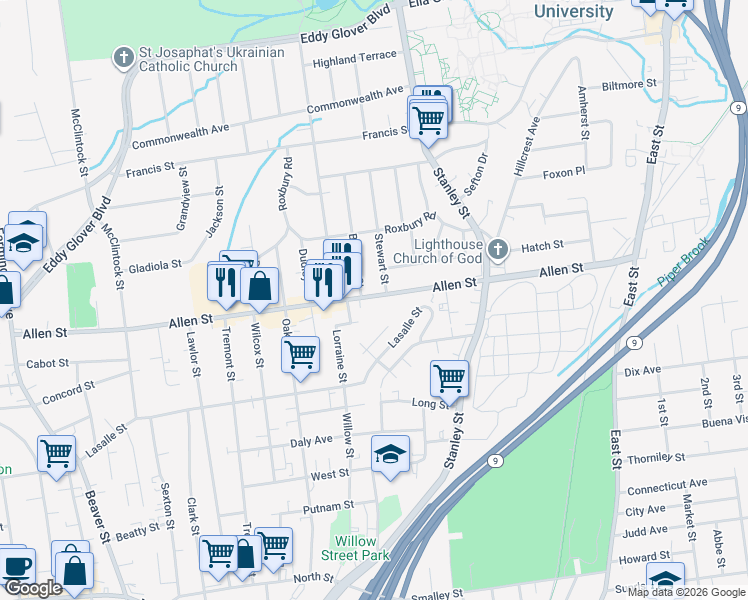 map of restaurants, bars, coffee shops, grocery stores, and more near 16 Stewart Street in New Britain