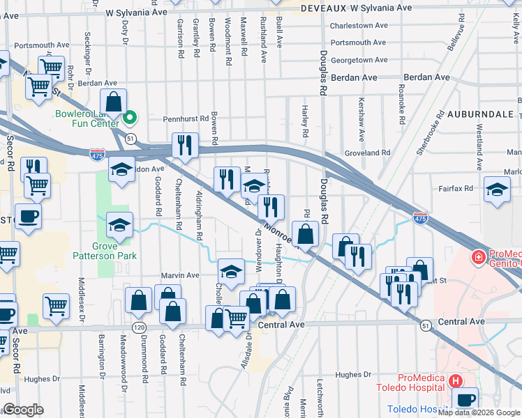 map of restaurants, bars, coffee shops, grocery stores, and more near 2624 Ledyard Avenue in Toledo