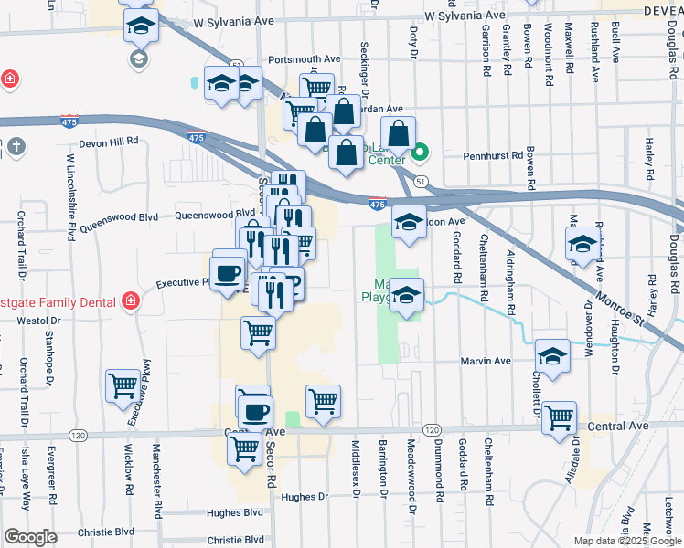 map of restaurants, bars, coffee shops, grocery stores, and more near 3427 Middlesex Dr in Toledo