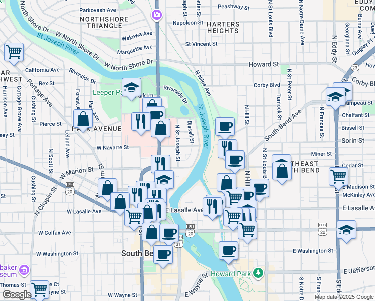 map of restaurants, bars, coffee shops, grocery stores, and more near 203 East Navarre Street in South Bend