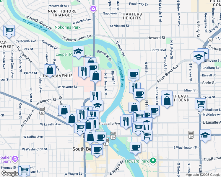 map of restaurants, bars, coffee shops, grocery stores, and more near 203 East Navarre Street in South Bend