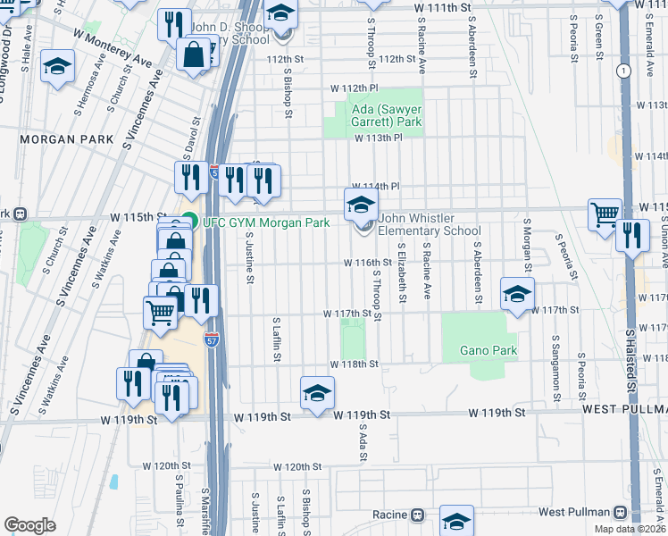 map of restaurants, bars, coffee shops, grocery stores, and more near 11544 South Loomis Street in Chicago