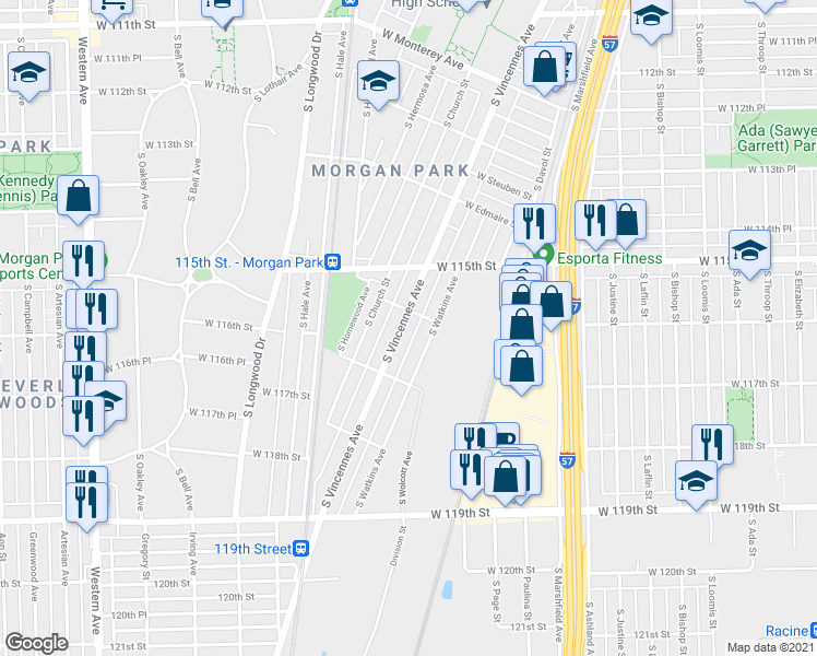 map of restaurants, bars, coffee shops, grocery stores, and more near 11602 South Vincennes Avenue in Chicago