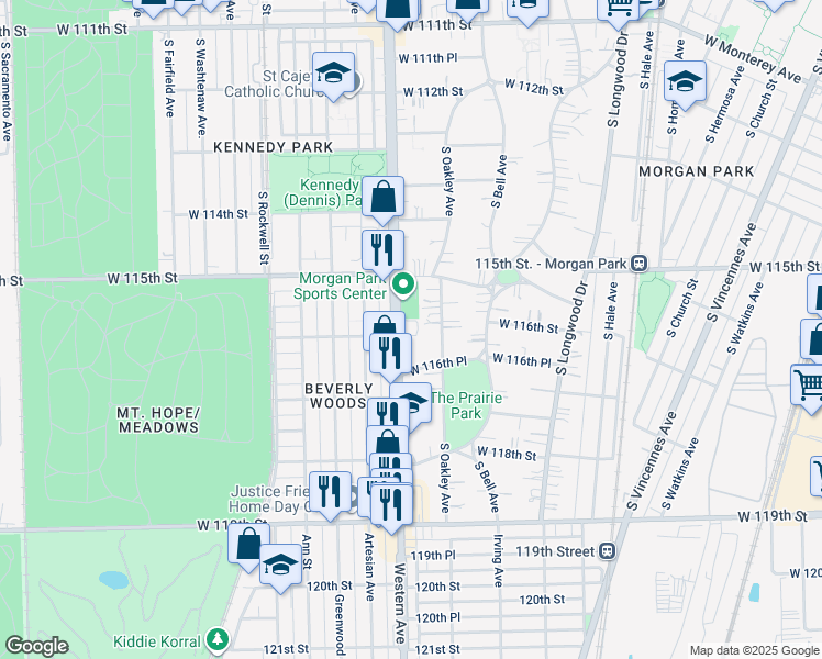 map of restaurants, bars, coffee shops, grocery stores, and more near 11532 South Western Avenue in Chicago