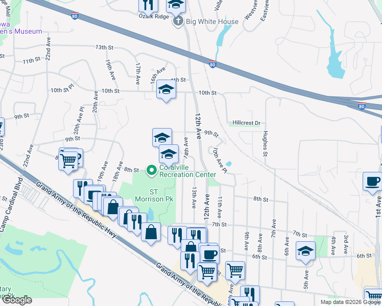 map of restaurants, bars, coffee shops, grocery stores, and more near 826 Old Macabe Circle in Coralville