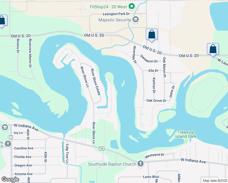map of restaurants, bars, coffee shops, grocery stores, and more near 55861 Channel View Dr in Elkhart