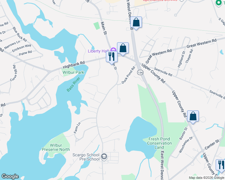 map of restaurants, bars, coffee shops, grocery stores, and more near 370 Main Street in Dennis