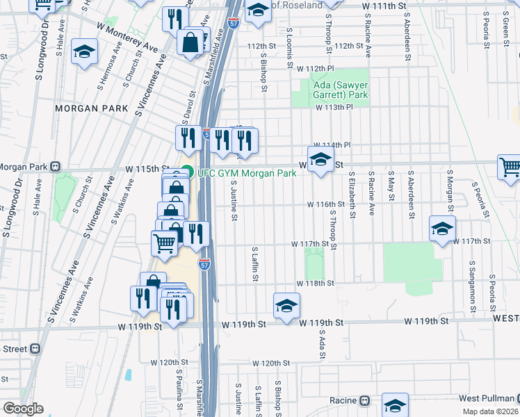 map of restaurants, bars, coffee shops, grocery stores, and more near 11543 South Laflin Street in Chicago
