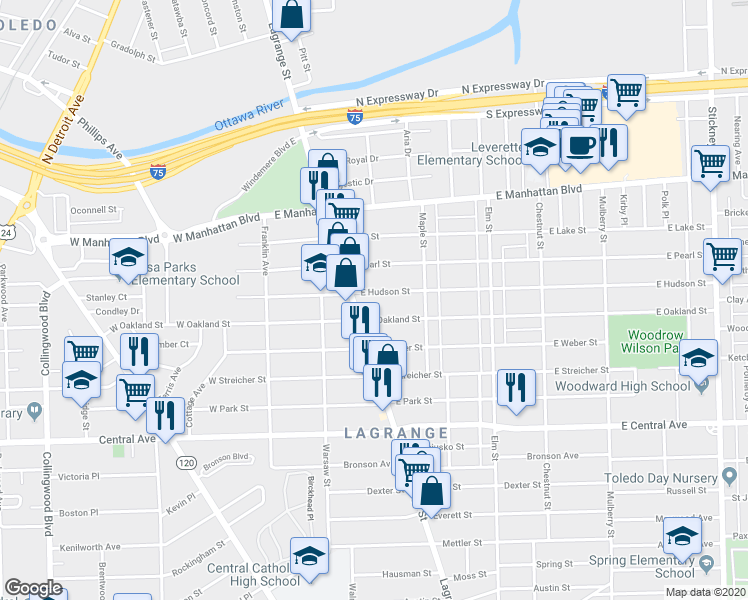 map of restaurants, bars, coffee shops, grocery stores, and more near 226 East Hudson Street in Toledo