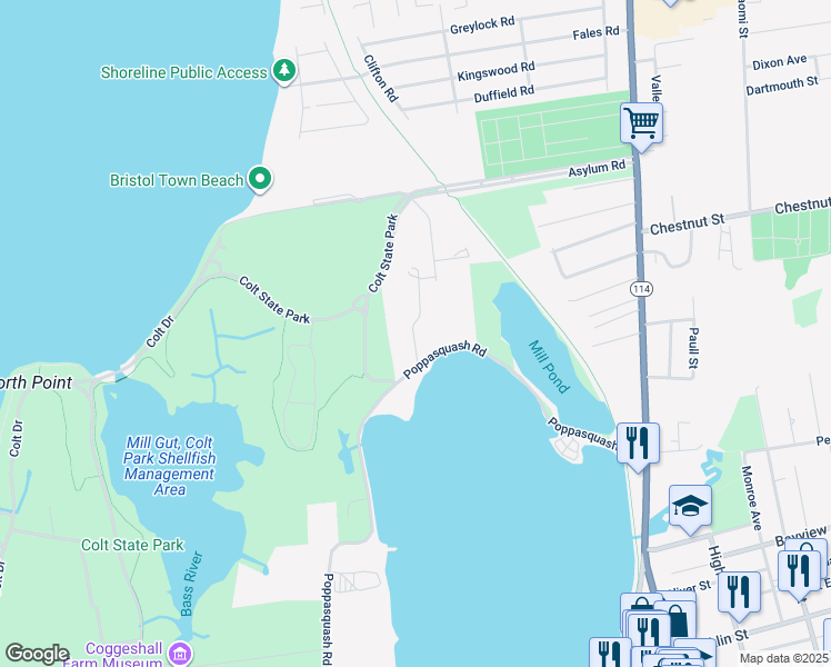 map of restaurants, bars, coffee shops, grocery stores, and more near 60 Poppasquash Road in Bristol