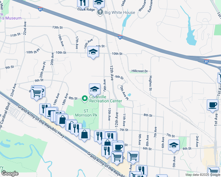 map of restaurants, bars, coffee shops, grocery stores, and more near 812 12th Avenue in Coralville