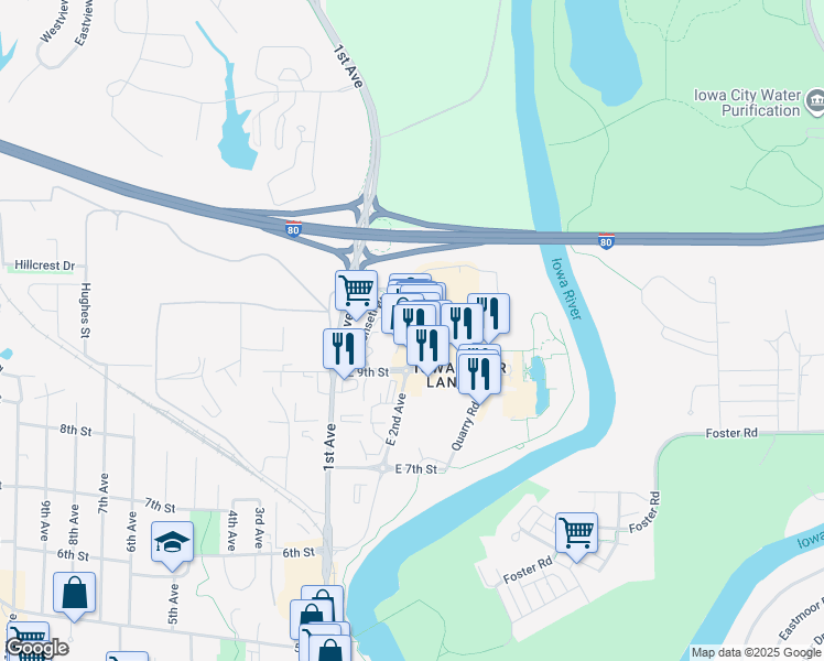 map of restaurants, bars, coffee shops, grocery stores, and more near 920 East 2nd Avenue in Coralville