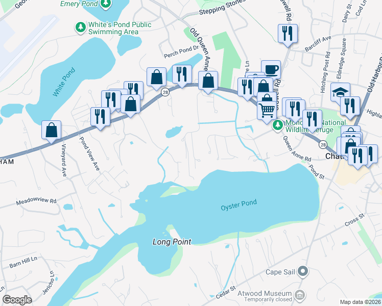 map of restaurants, bars, coffee shops, grocery stores, and more near 1 Richards Lane in Chatham
