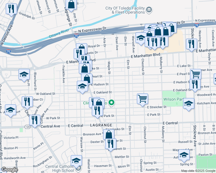 map of restaurants, bars, coffee shops, grocery stores, and more near 3333 Maple Street in Toledo