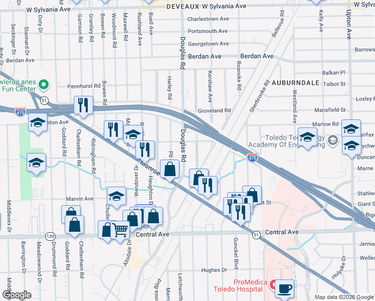 map of restaurants, bars, coffee shops, grocery stores, and more near 3437 Douglas Road in Toledo