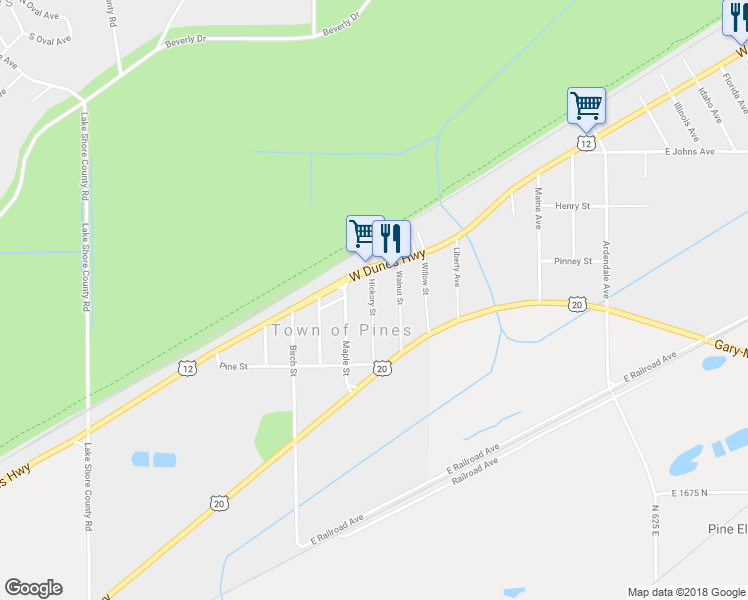 map of restaurants, bars, coffee shops, grocery stores, and more near 1516 Hickory Street in Town of Pines