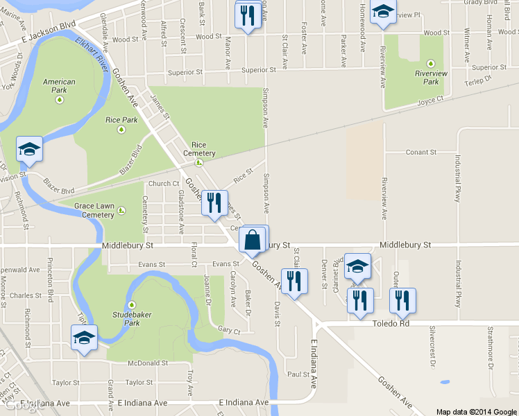map of restaurants, bars, coffee shops, grocery stores, and more near 545 Simpson Avenue in Elkhart