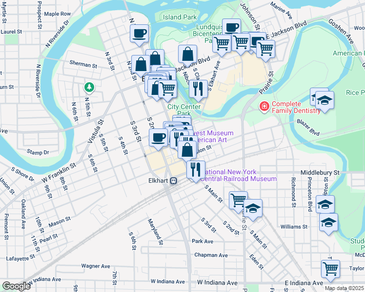 map of restaurants, bars, coffee shops, grocery stores, and more near 416 South Main Street in Elkhart