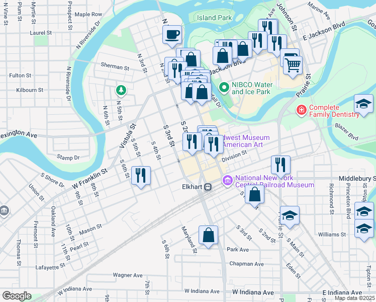 map of restaurants, bars, coffee shops, grocery stores, and more near 215-299 West Franklin Street in Elkhart