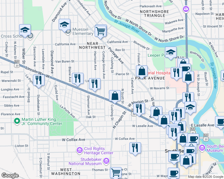 map of restaurants, bars, coffee shops, grocery stores, and more near 624 Cottage Grove Avenue in South Bend