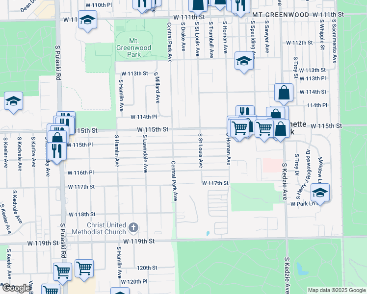 map of restaurants, bars, coffee shops, grocery stores, and more near 3540 West 115th Place in Chicago