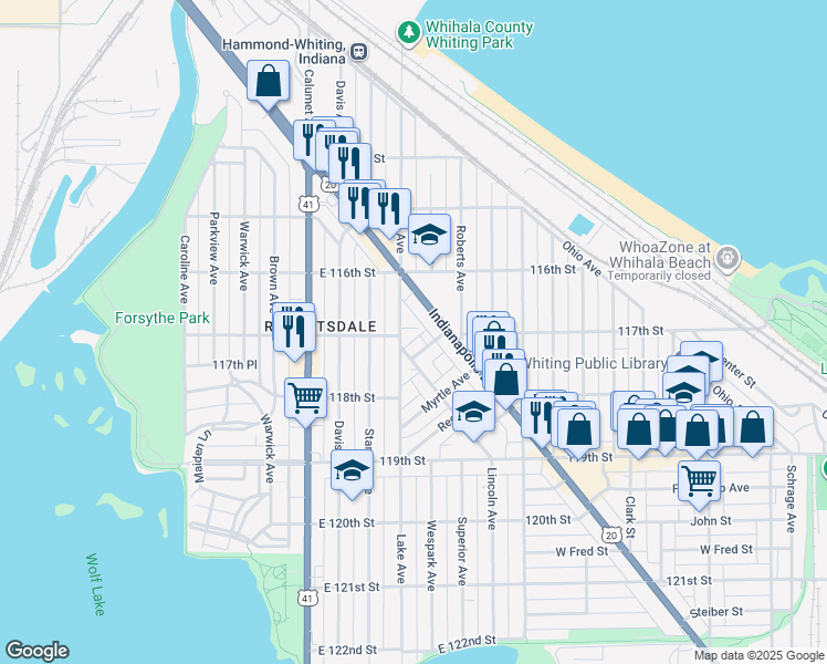 map of restaurants, bars, coffee shops, grocery stores, and more near 1642 Indianapolis Boulevard in Whiting