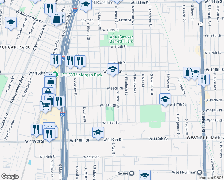 map of restaurants, bars, coffee shops, grocery stores, and more near 11548 South Ada Street in Chicago