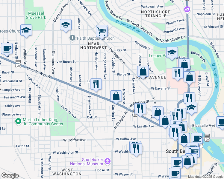 map of restaurants, bars, coffee shops, grocery stores, and more near 605 Cushing Street in South Bend