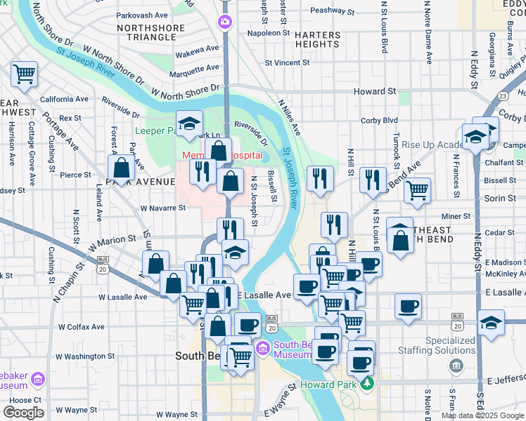 map of restaurants, bars, coffee shops, grocery stores, and more near 203 East Navarre Street in South Bend