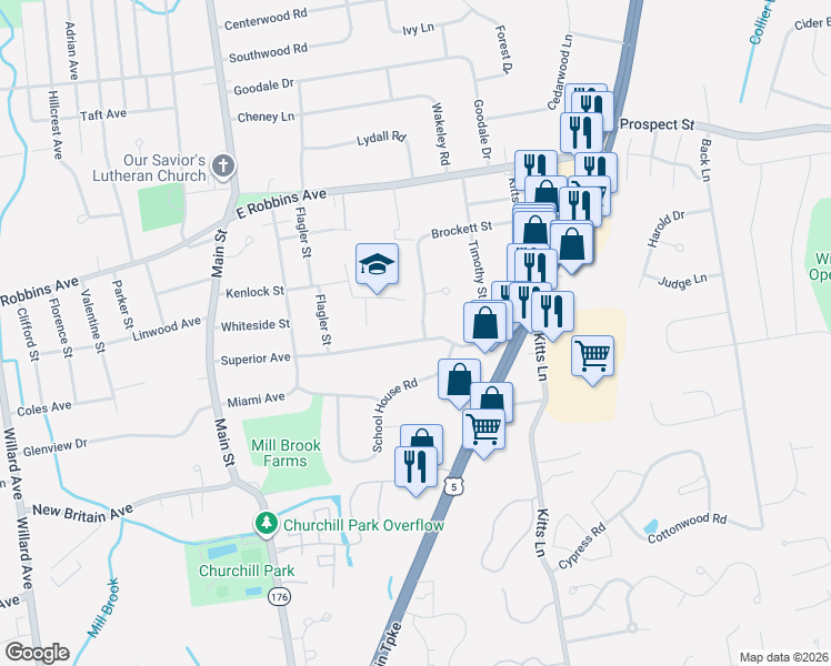 map of restaurants, bars, coffee shops, grocery stores, and more near 174 Superior Avenue in Newington