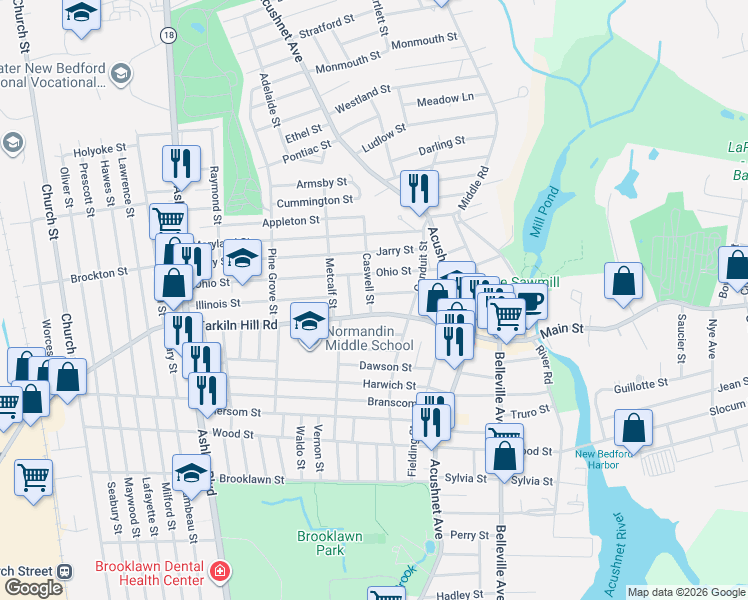 map of restaurants, bars, coffee shops, grocery stores, and more near 28 Caswell Street in New Bedford
