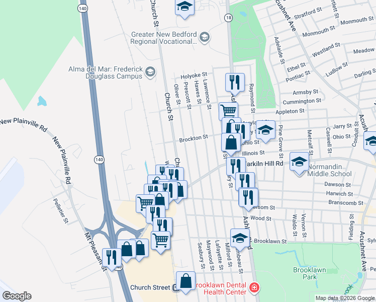 map of restaurants, bars, coffee shops, grocery stores, and more near 389 Prescott Street in New Bedford