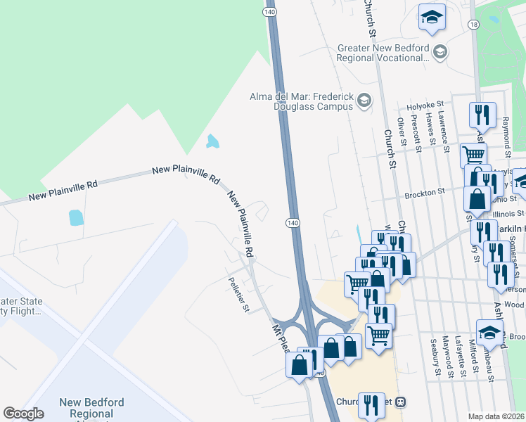 map of restaurants, bars, coffee shops, grocery stores, and more near 85-90 New Plainville Road in New Bedford