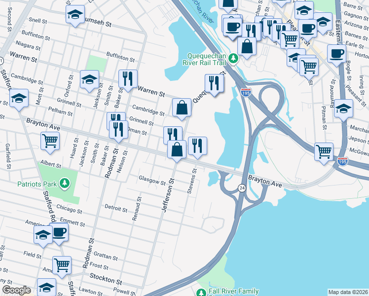 map of restaurants, bars, coffee shops, grocery stores, and more near 172 Jefferson Street in Fall River