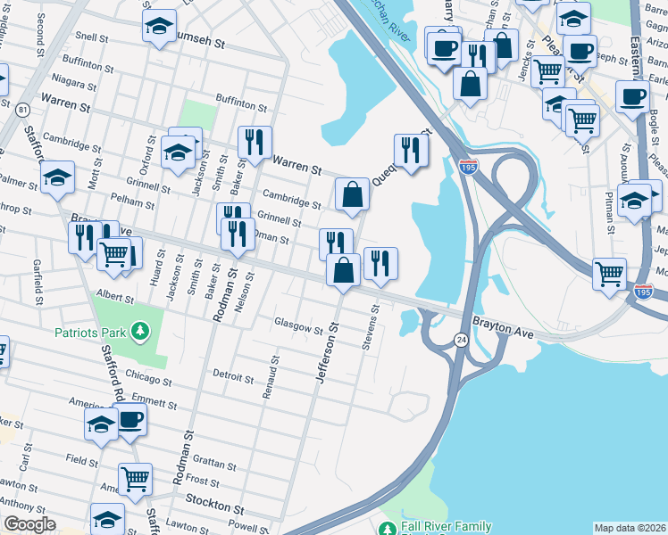 map of restaurants, bars, coffee shops, grocery stores, and more near 249 Oman Street in Fall River