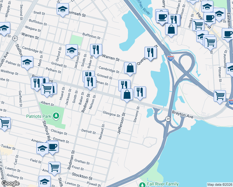 map of restaurants, bars, coffee shops, grocery stores, and more near 25 Aberdeen Street in Fall River