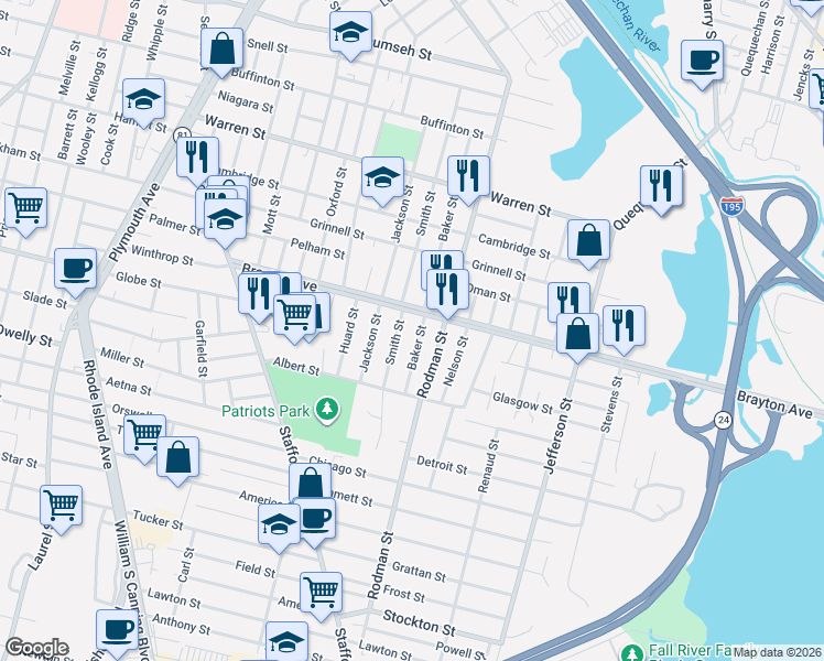 map of restaurants, bars, coffee shops, grocery stores, and more near 401 Baker Street in Fall River