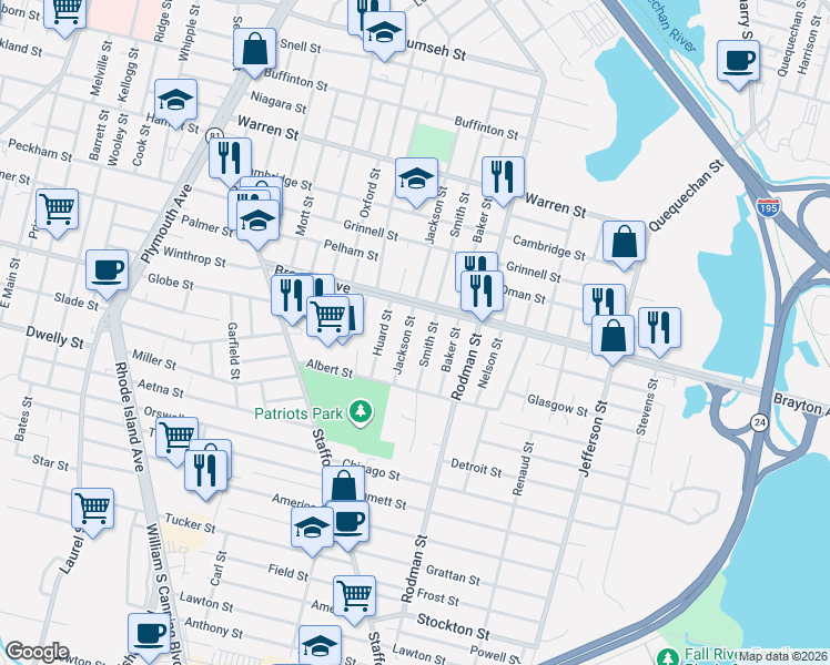 map of restaurants, bars, coffee shops, grocery stores, and more near 424 Jackson Street in Fall River