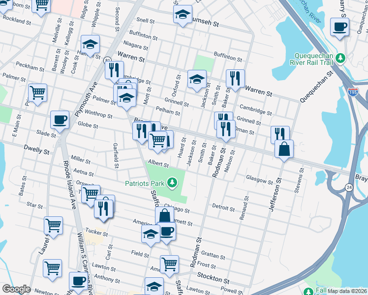 map of restaurants, bars, coffee shops, grocery stores, and more near 44 Grace Street in Fall River