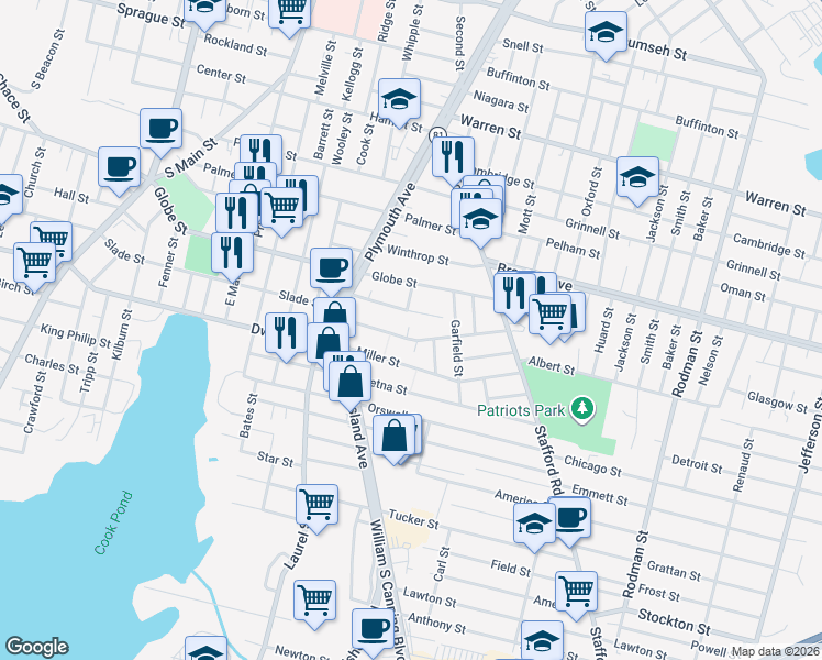 map of restaurants, bars, coffee shops, grocery stores, and more near 109 Pebble Street in Fall River