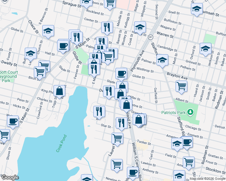 map of restaurants, bars, coffee shops, grocery stores, and more near 367 Vale Street in Fall River
