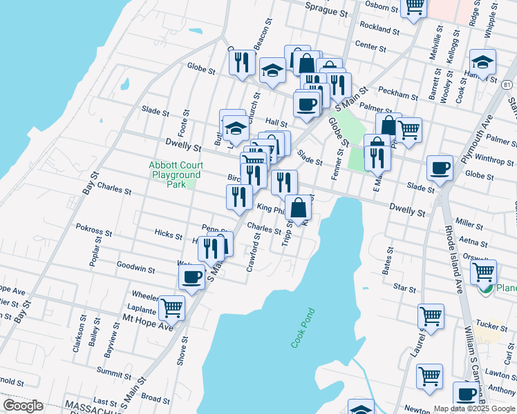 map of restaurants, bars, coffee shops, grocery stores, and more near in Fall River